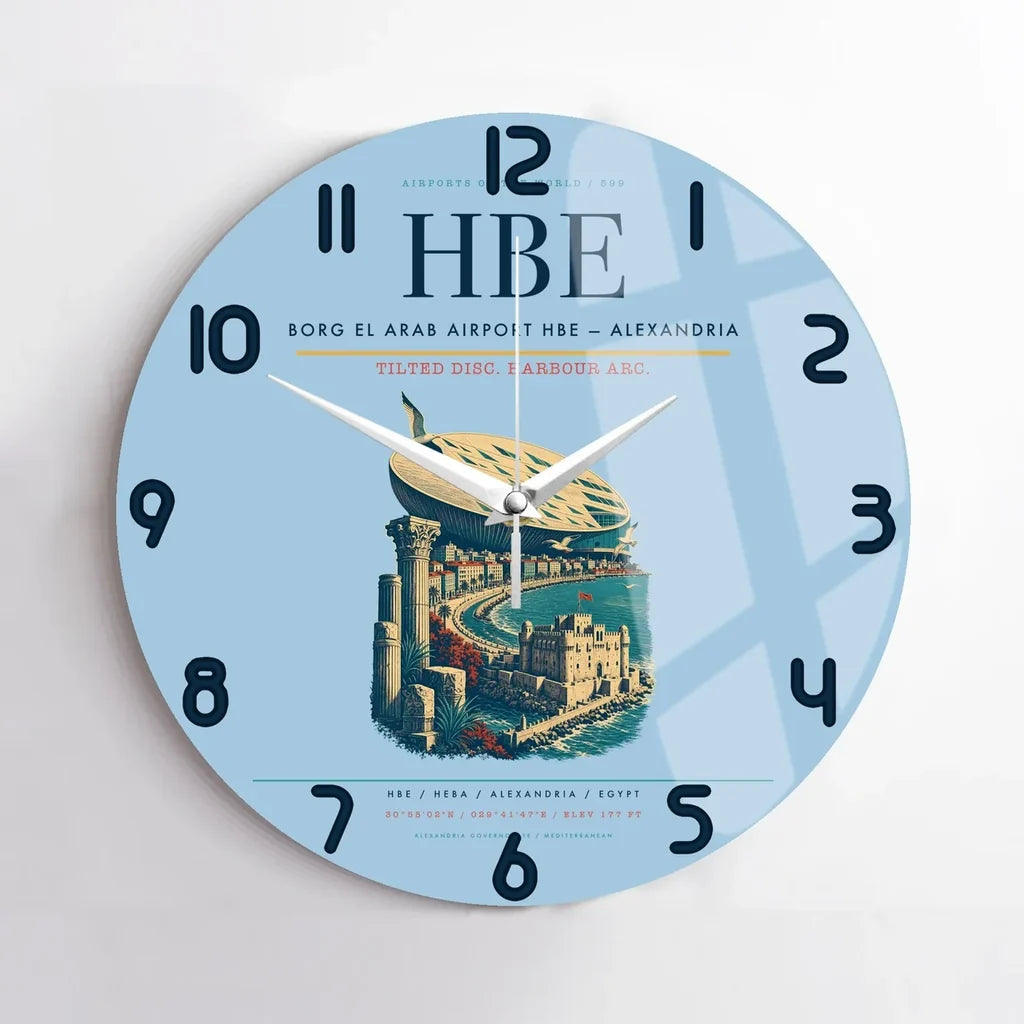 Borg El Arab Airport (HBE) design on light blue no frame wall clock