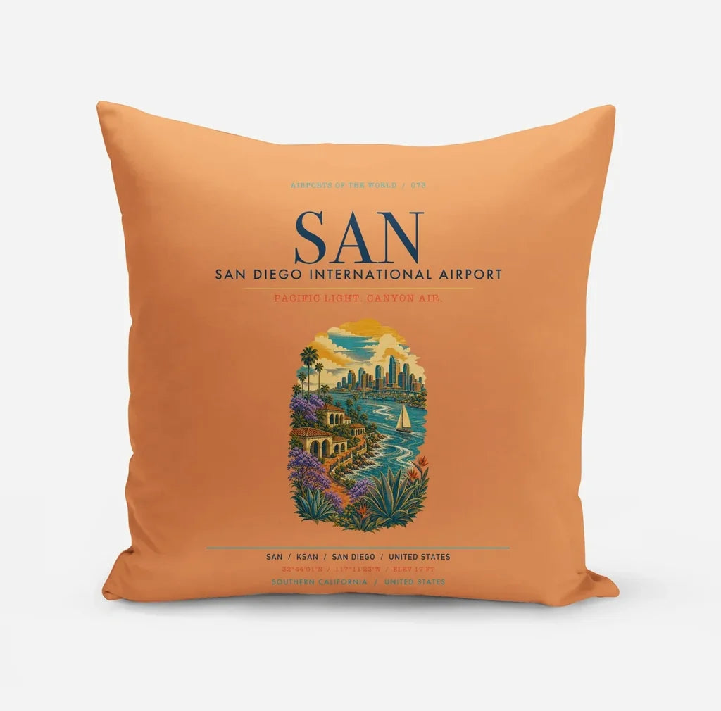San Diego International Airport (SAN) design on orange pillow