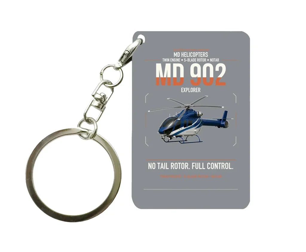 MD Helicopters MD 902 Explorer design on gray designed key chain, double-side print