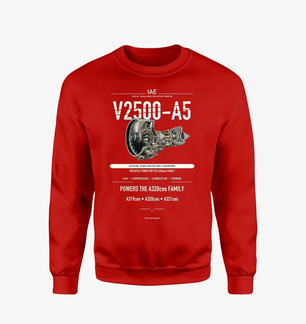 V2500-A5 design on red sweatshirt
