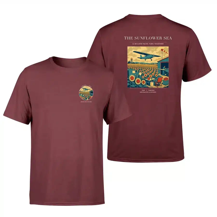 VINTAGE G4391 - The Sunflower Sea - Double-Side T-Shirt design on darkred double side t shirt