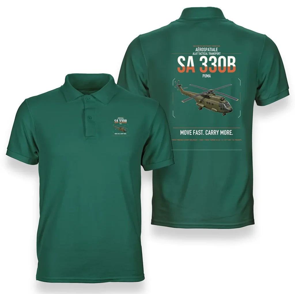 Aérospatiale SA 330B Puma design on green double-side polo t-shirt, double-side print