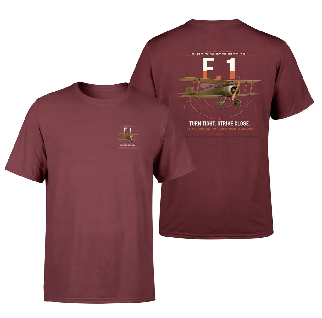 Sopwith Camel F.1 design on dark red t-shirt, double-side print