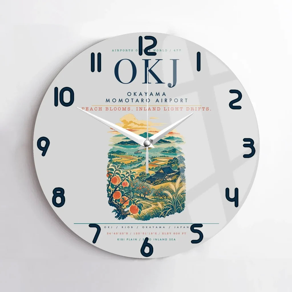 Okayama Momotaro Airport (OKJ) design on light gray no frame wall clock