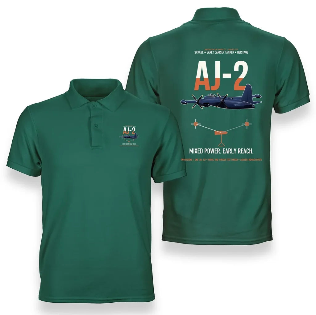 AJ-2 Savage Tanker design on green double-side polo t-shirt, double-side print