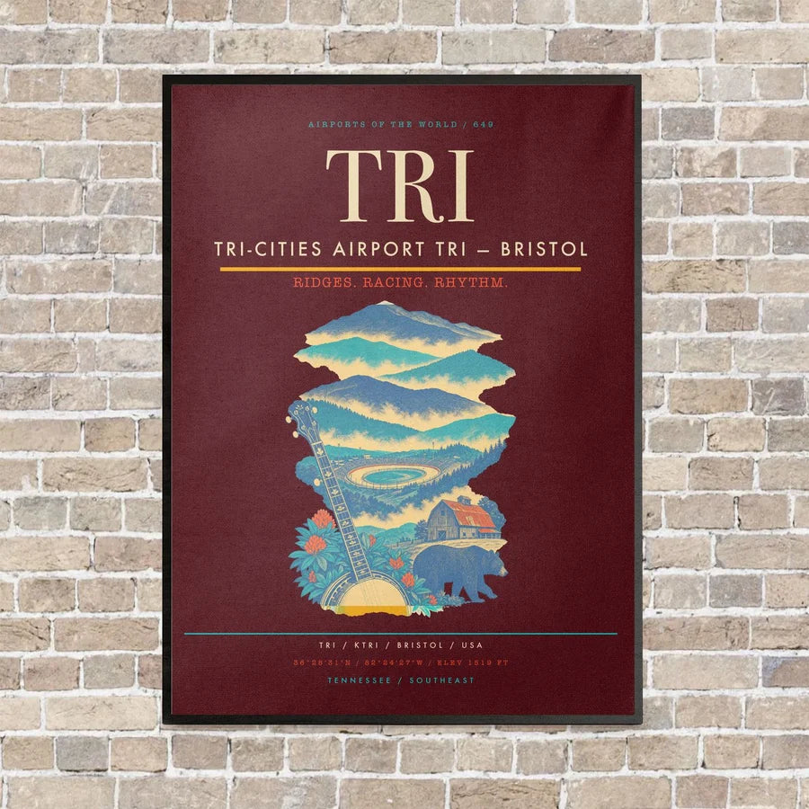Tri-Cities Airport TRI — Bristol vertical canvas print - framed - dark red background