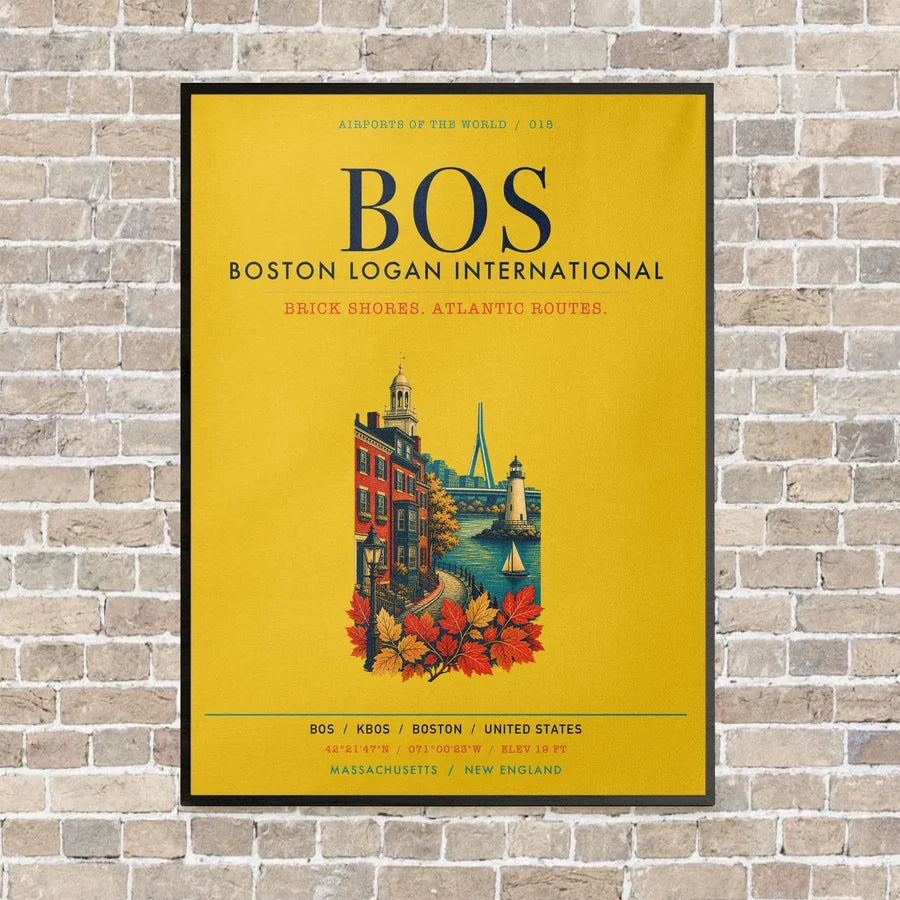 Boston Logan International Airport BOS vertical canvas print - framed - yellow background