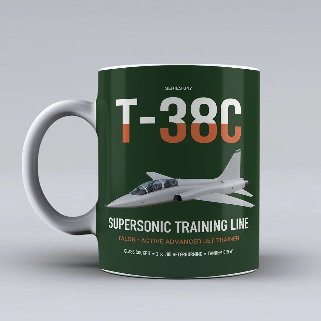 T-38C Talon design on dark green ceramic mug, double-side print