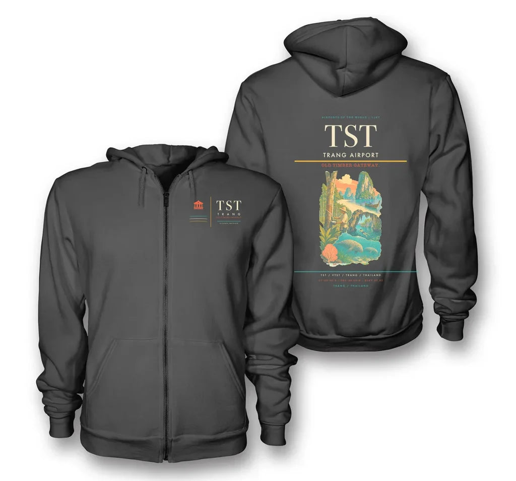 Trang Airport (TST) design on dark gray premium zipped hoodie