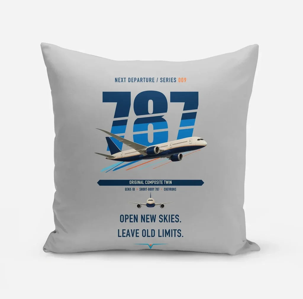 Boeing 787-8 Dreamliner design on light gray pillow
