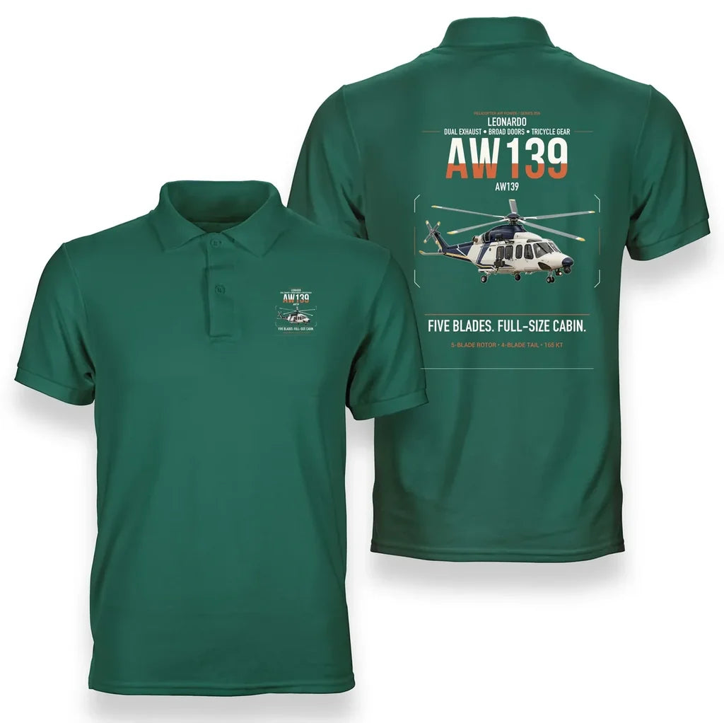 Leonardo AW139 design on green double-side polo t-shirt, double-side print