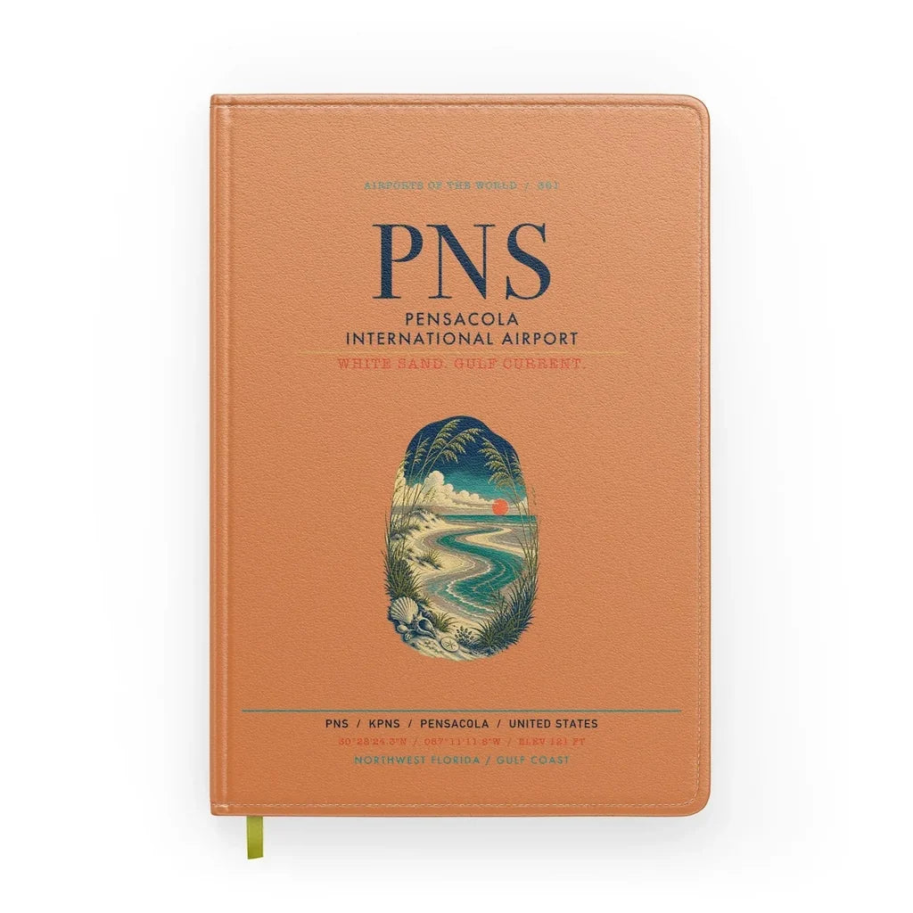 Pensacola International Airport (PNS) design on orange notebook