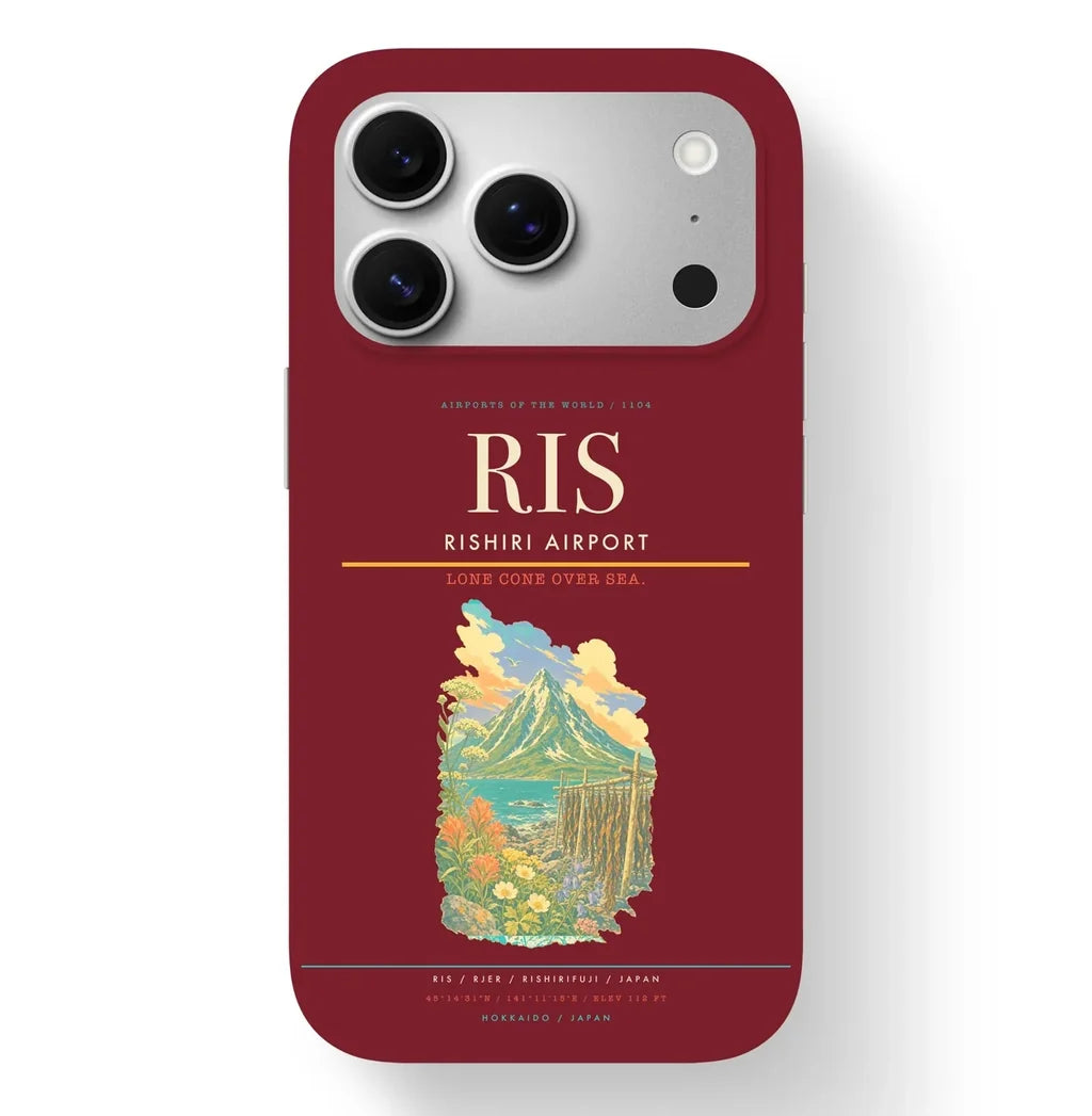 Rishirifuji Airport (RIS) design on dark red iPhone 17 Pro MagSafe case