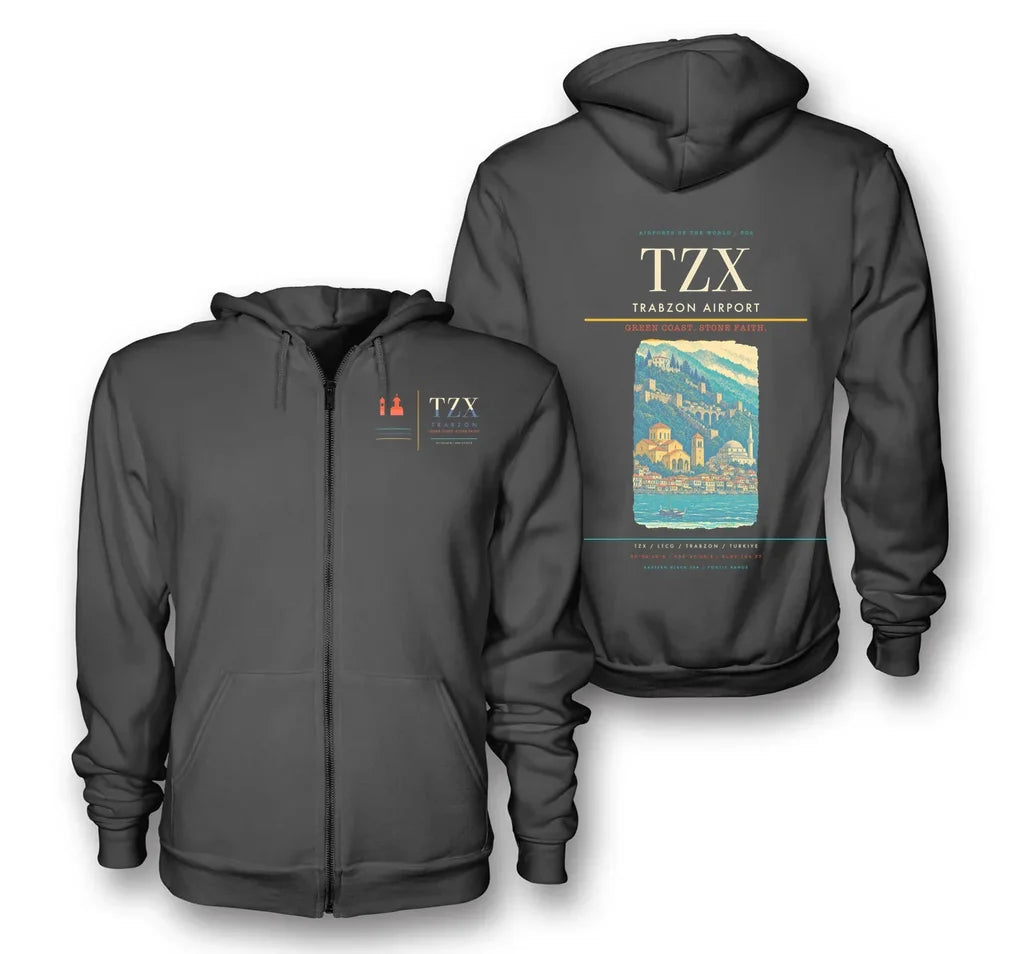 Trabzon Airport (TZX) design on dark gray premium zipped hoodie