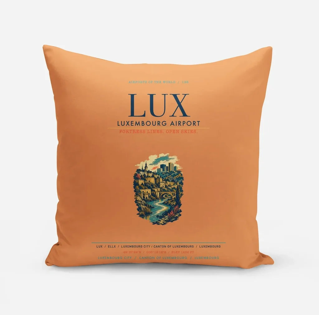 Luxembourg Airport (LUX) design on orange pillow