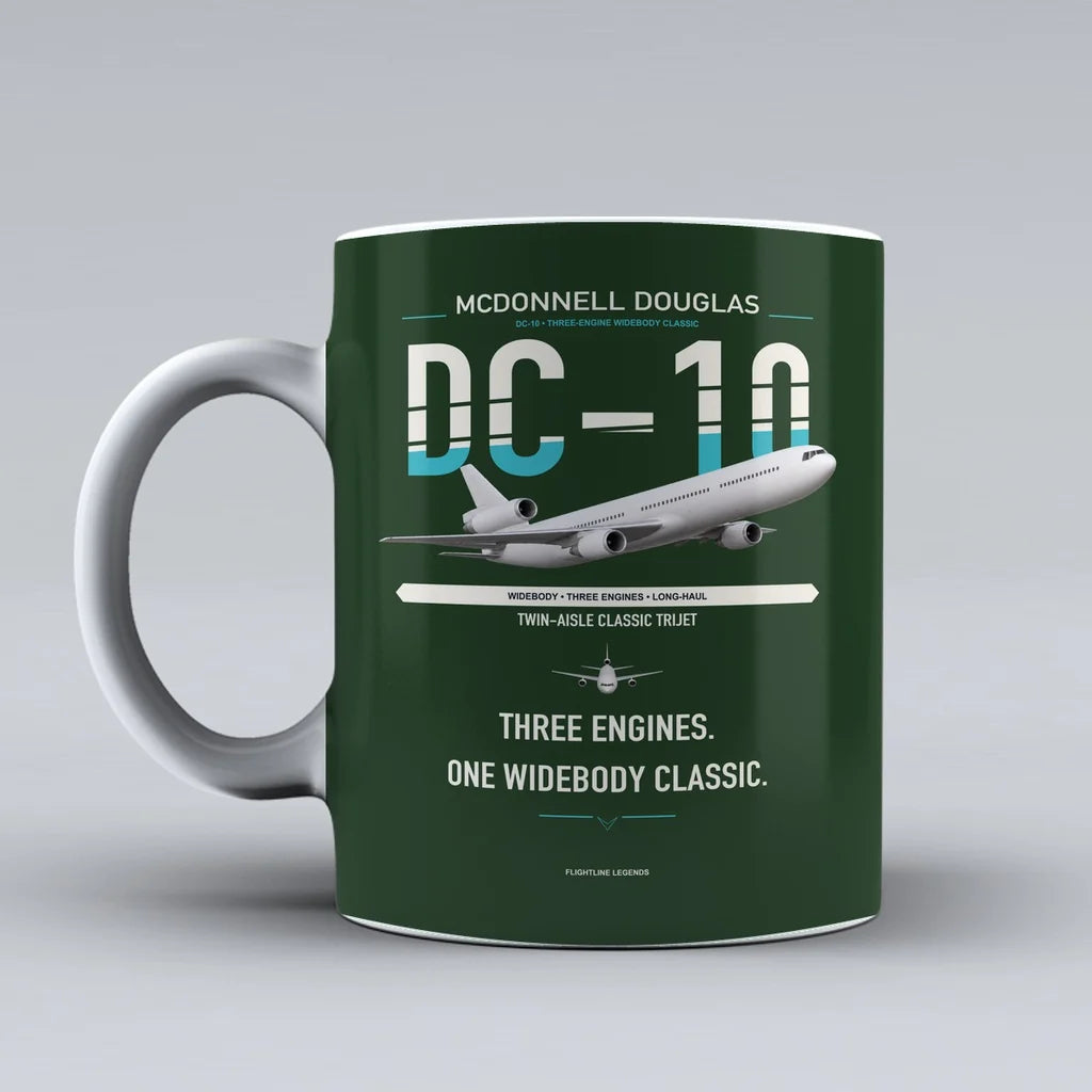 McDonnell Douglas DC-10 design on dark green ceramic mug, double-side print