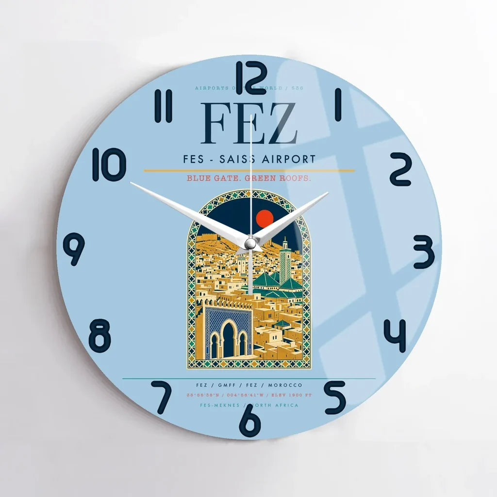 Fes (FEZ) design on light blue no frame wall clock