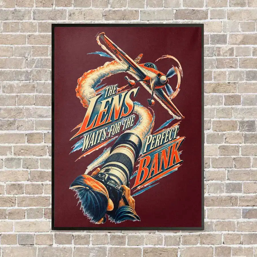 The Lens Waits For The Perfect Bank vertical canvas print - framed - dark red background