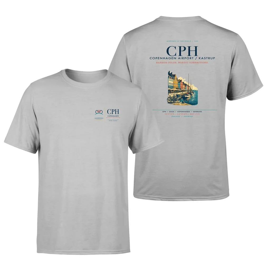 Copenhagen Airport (CPH) design printed on light gray double-side t-shirt