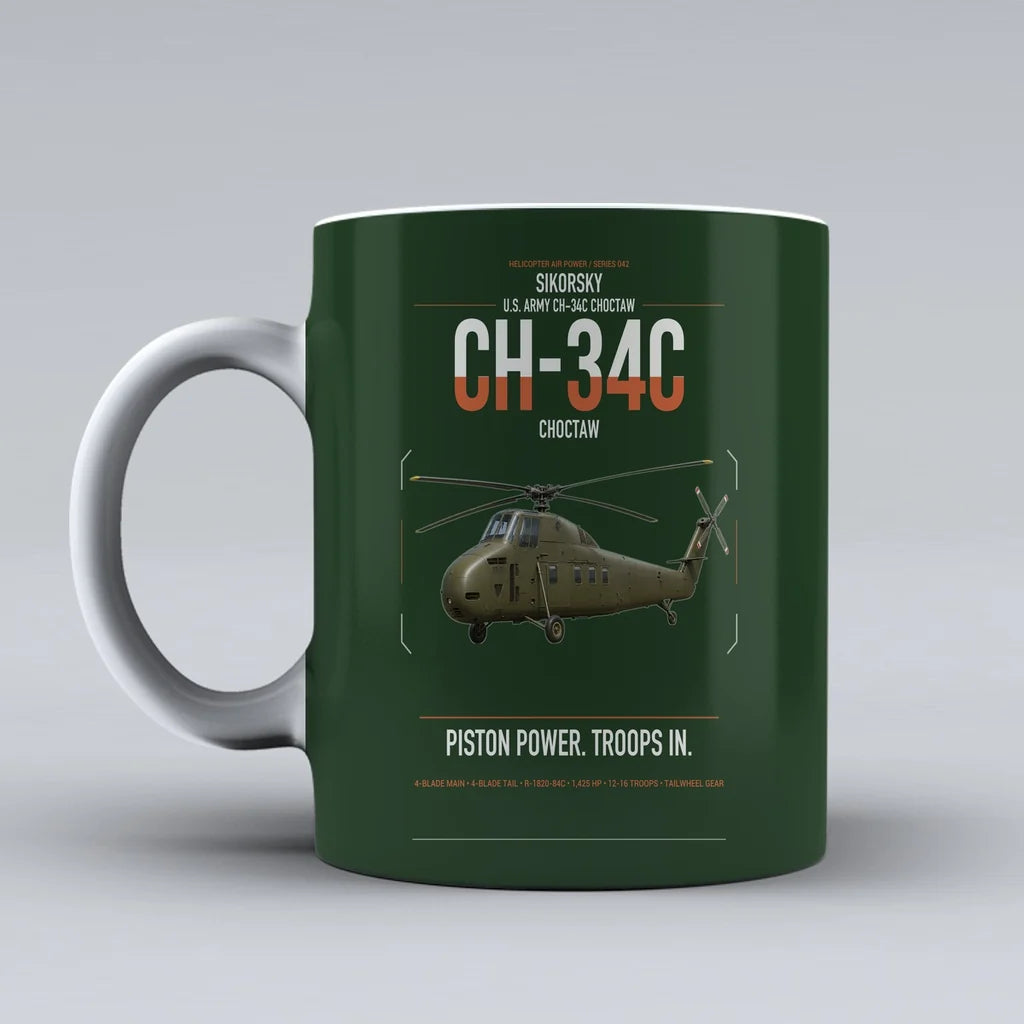 Sikorsky CH-34C Choctaw design on dark green ceramic mug, double-side print