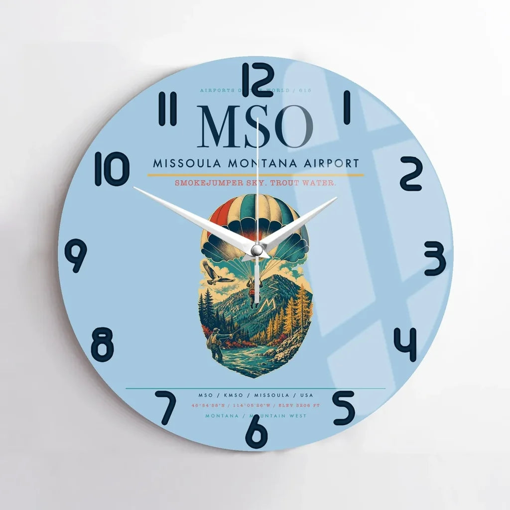 Missoula Montana Airport (MSO) design on light blue no frame wall clock