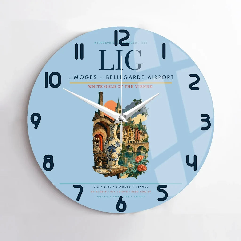 Limoges – Bellegarde Airport (LIG) design on light blue no frame wall clock