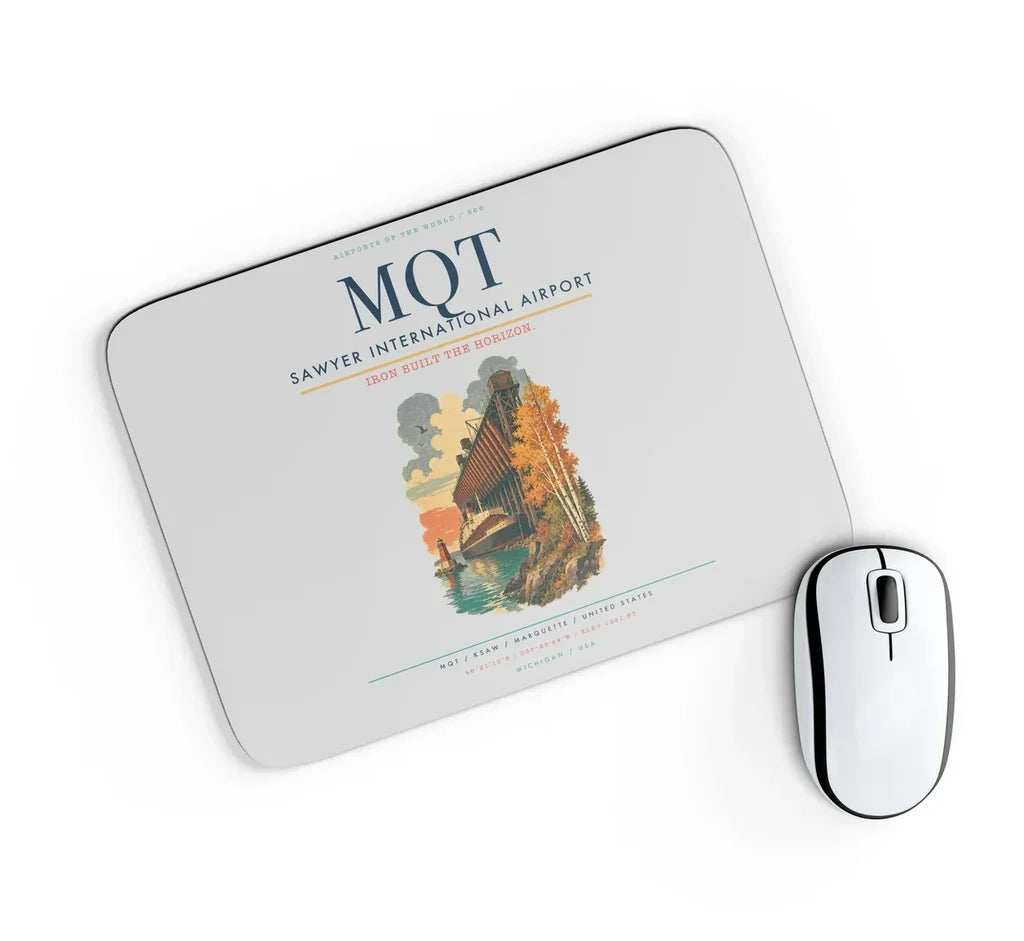 Sawyer International Airport (MQT) design on light gray rectangle mouse pad