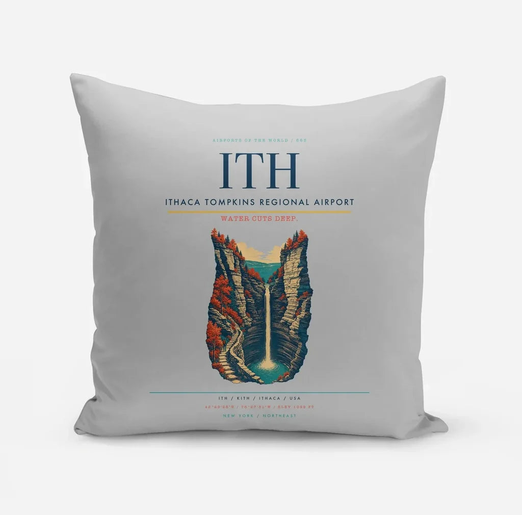 Ithaca Tompkins Regional Airport (ITH) design on light gray pillow
