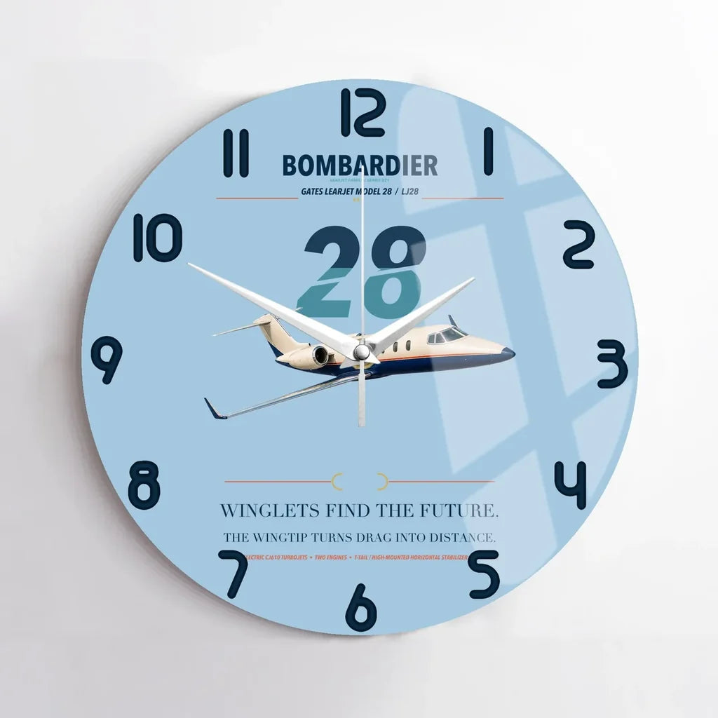 Bombardier Learjet 28 design on light blue no frame wall clock