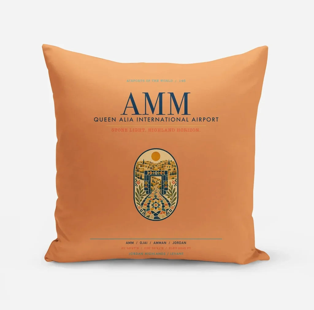 Queen Alia International Airport (AMM) design on orange pillow