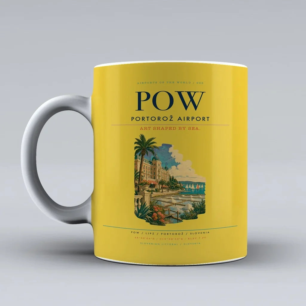 Portorož Airport (POW) airport code design on yellow ceramic mug