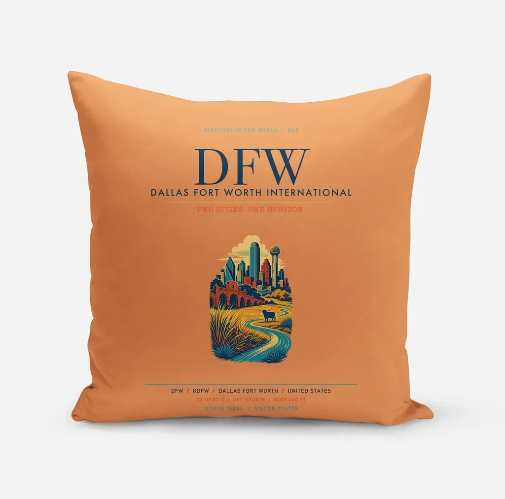 Dallas Fort Worth International Airport (DFW) design on orange pillow