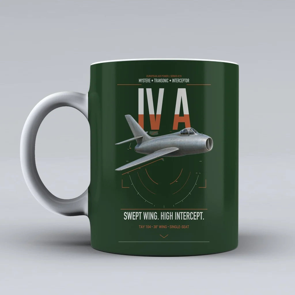 Dassault Mystère IV A design on dark green ceramic mug, double-side print