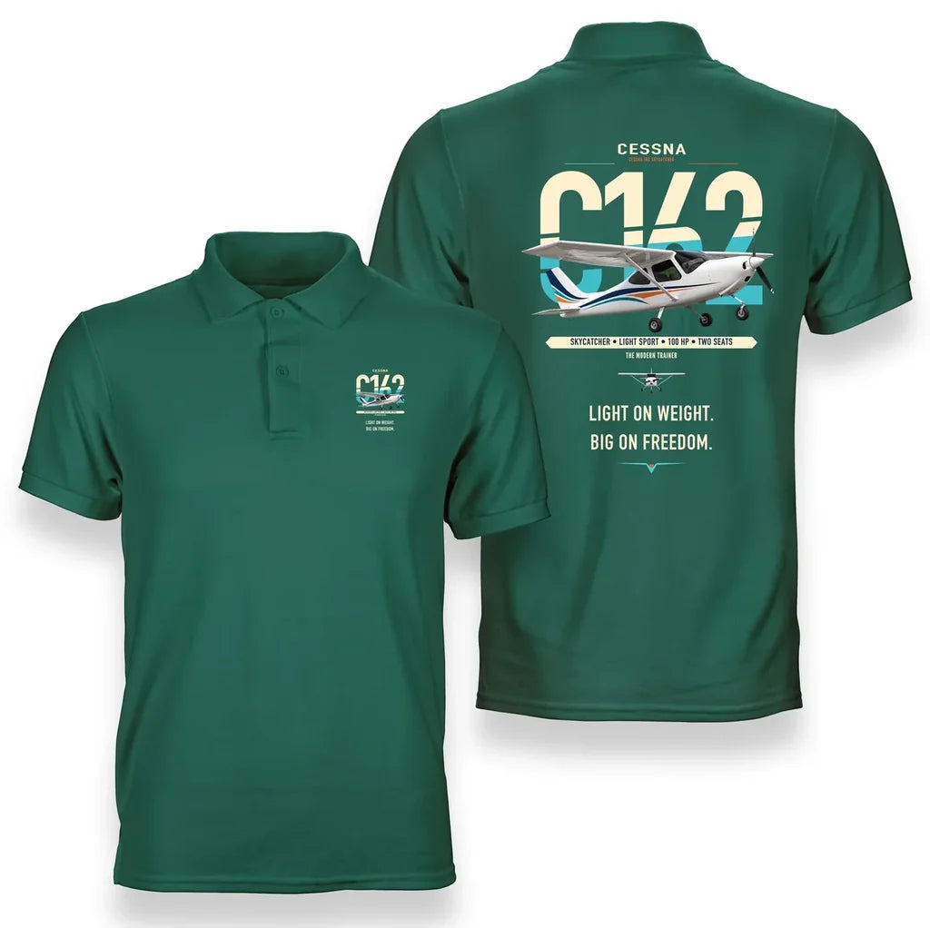 Cessna 162 Skycatcher design on green double-side polo t-shirt, double-side print