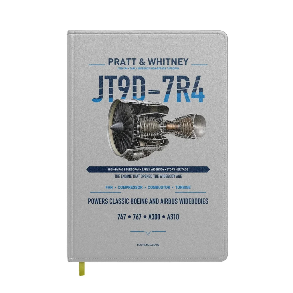 JT9D-7R4 design on light gray notebook