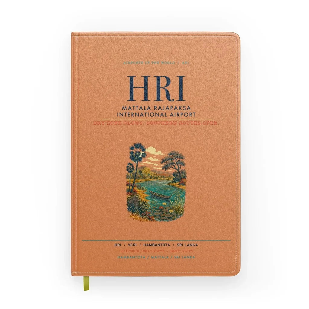 Mattala Rajapaksa International Airport (HRI) design on orange notebook