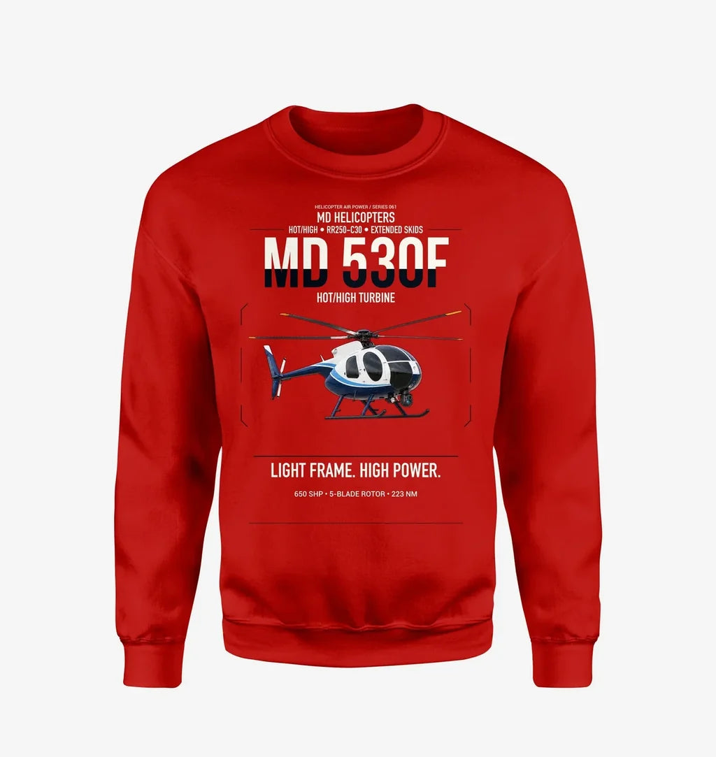 MD Helicopters MD 530F design on red sweatshirt