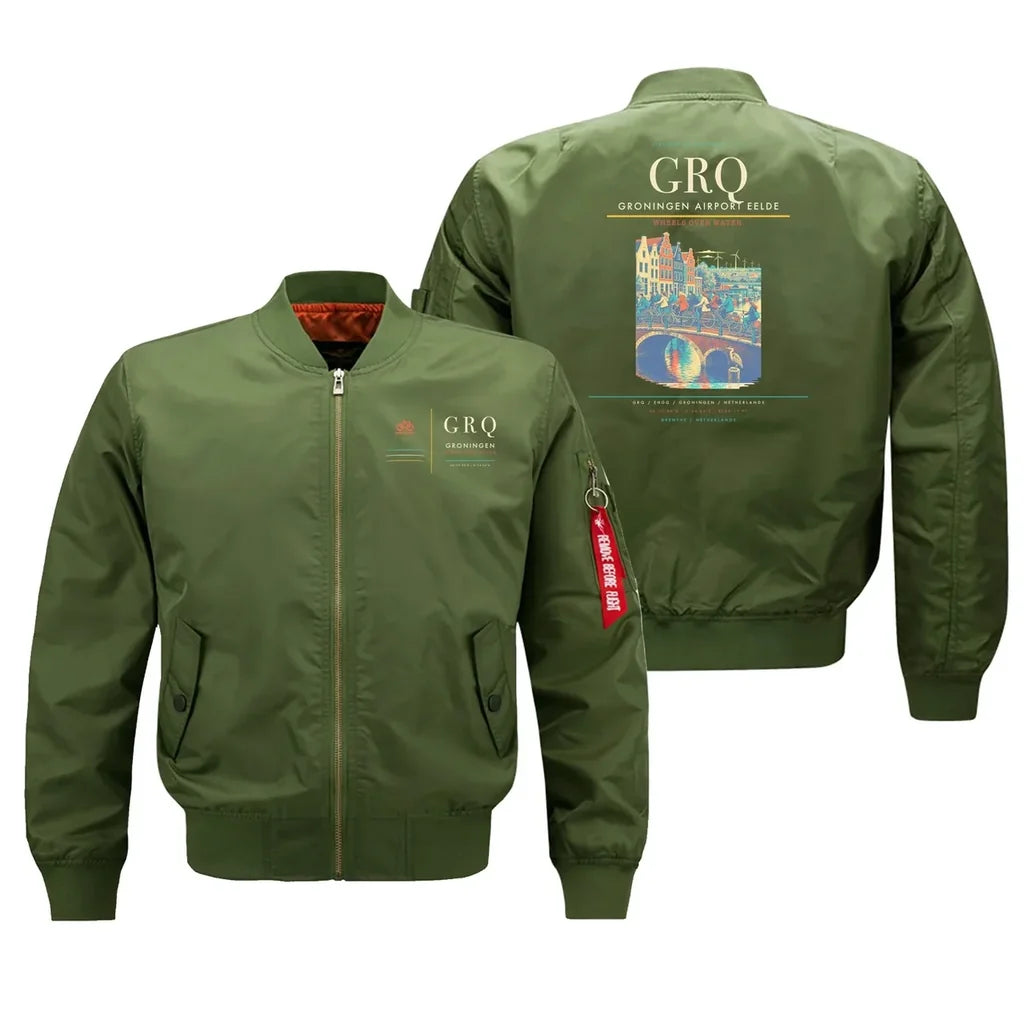 Groningen Airport Eelde (GRQ) design on green bomber jacket