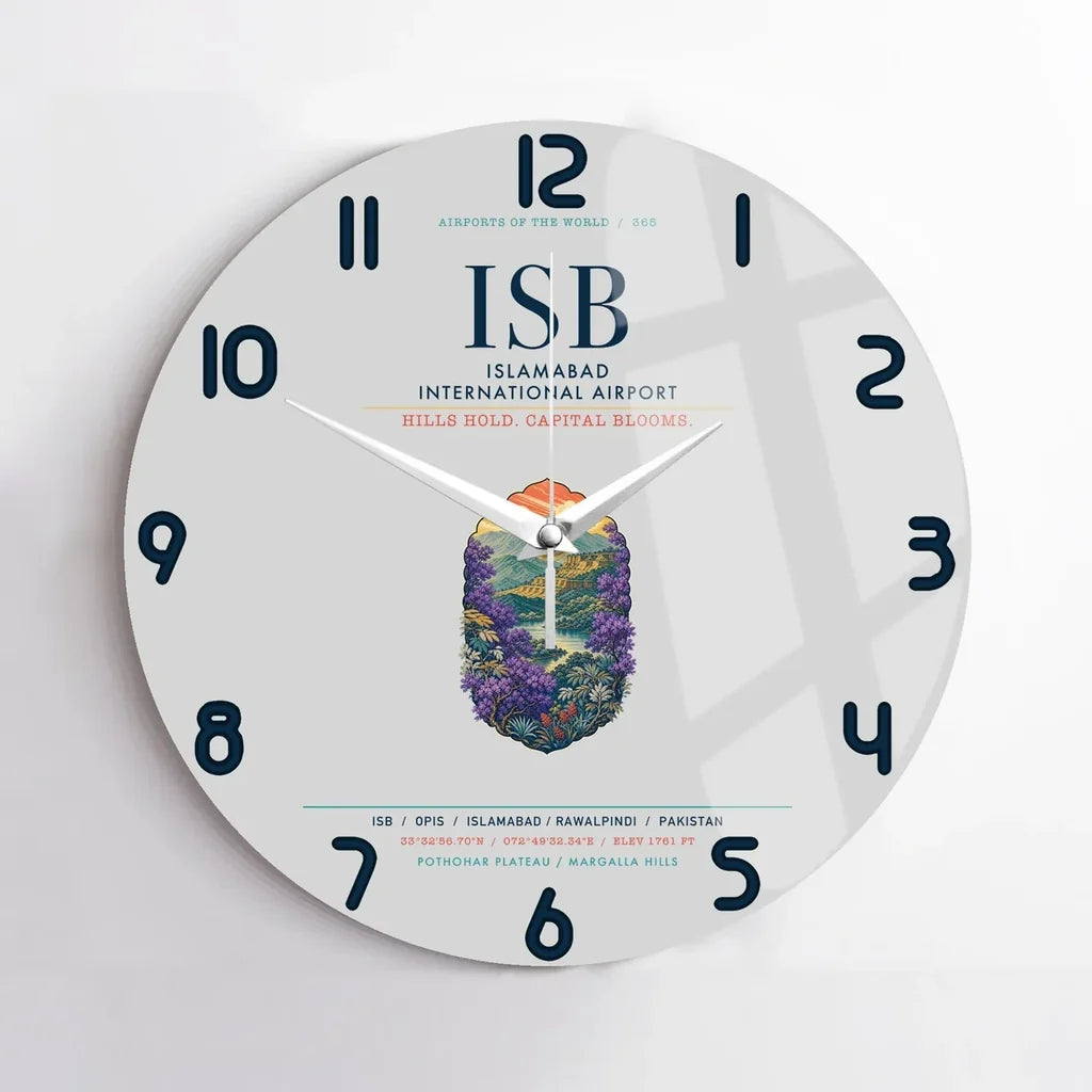 Islamabad International Airport (ISB) design on light gray no frame wall clock