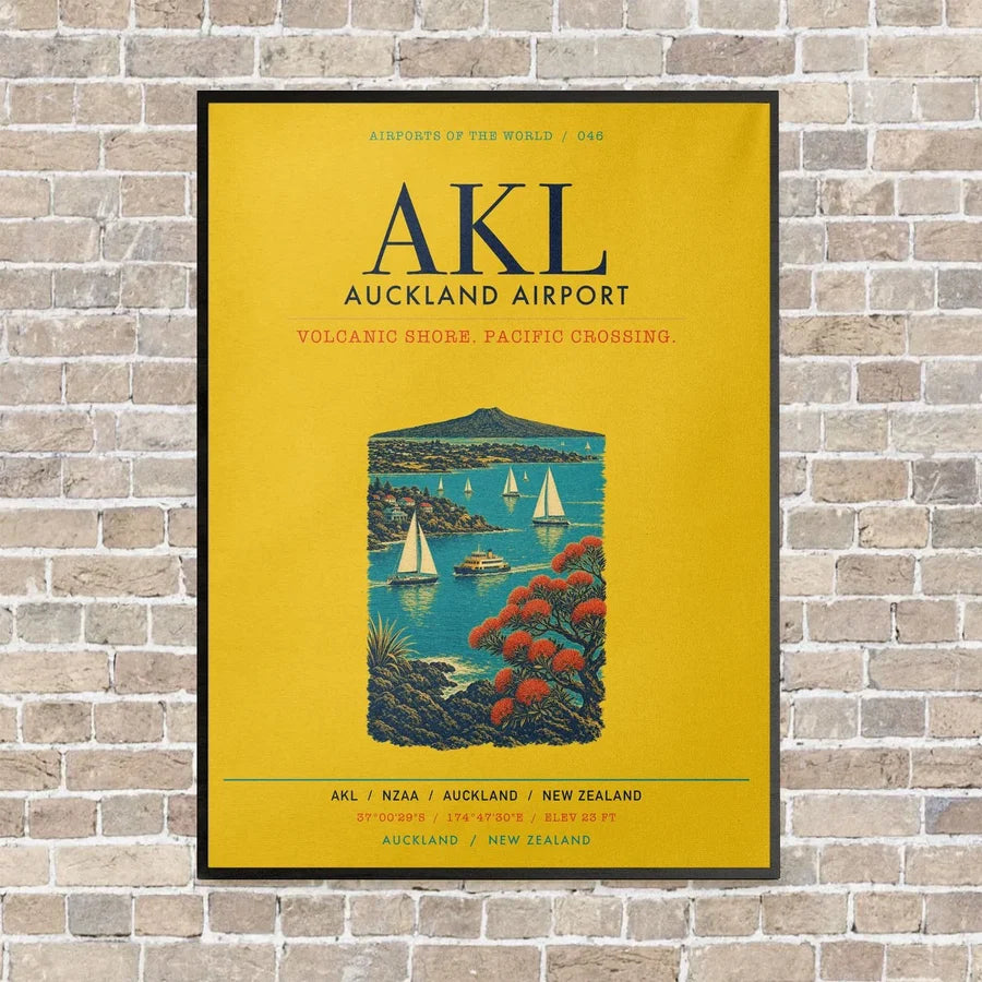 Auckland Airport AKL vertical canvas print - framed - yellow background