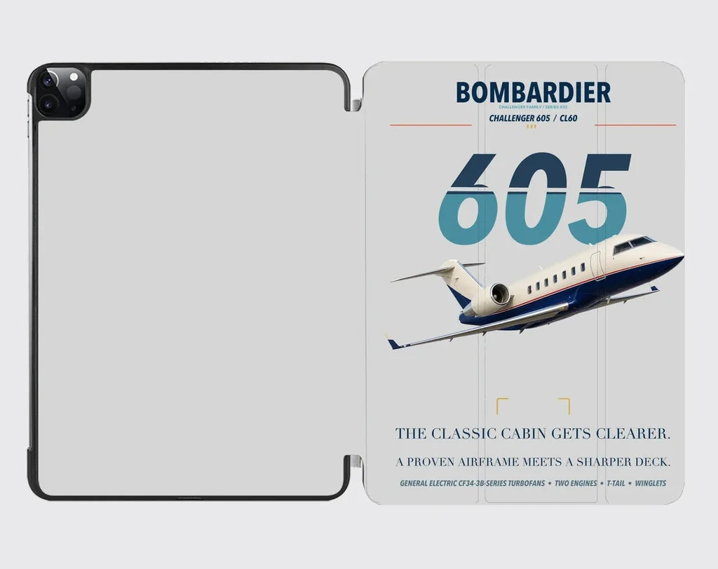 Bombardier Challenger 605 design on light gray ipad tablet case