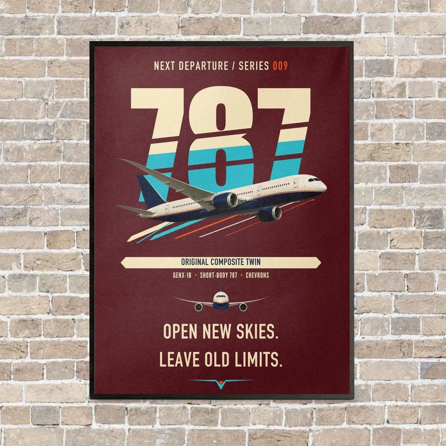 Boeing 787-8 Dreamliner vertical canvas print - framed - dark red background