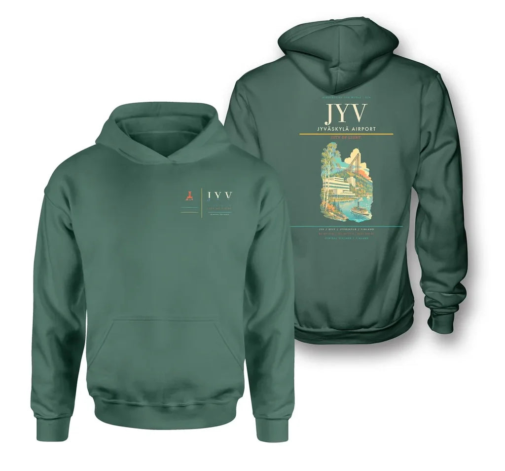 Jyväskylä Airport (JYV) design on green double-side hoodie