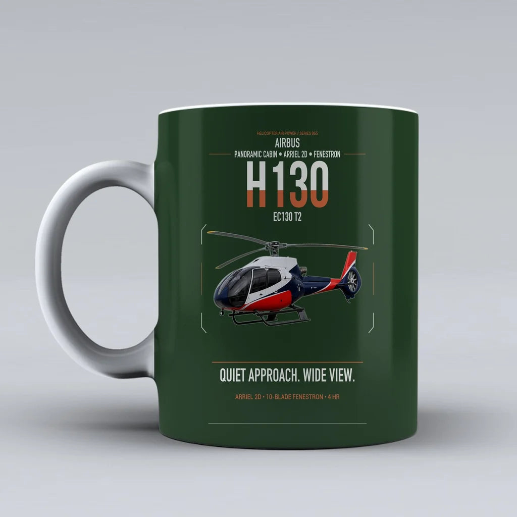 Airbus H130 design on dark green ceramic mug, double-side print
