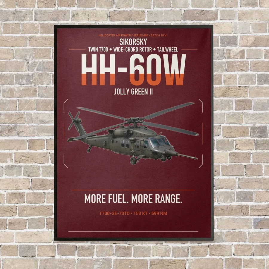 Sikorsky HH-60W Jolly Green II vertical canvas print - framed - dark red background