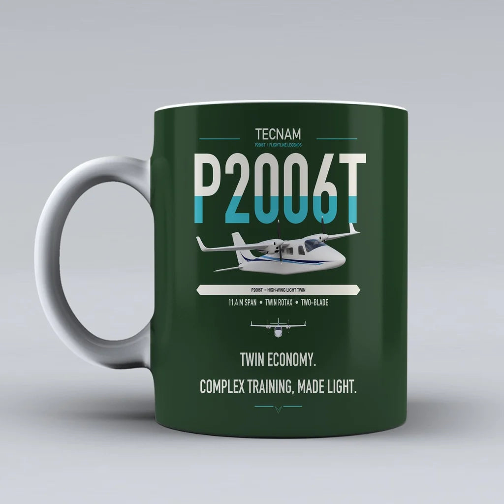 Tecnam P2006T design on dark green ceramic mug, double-side print
