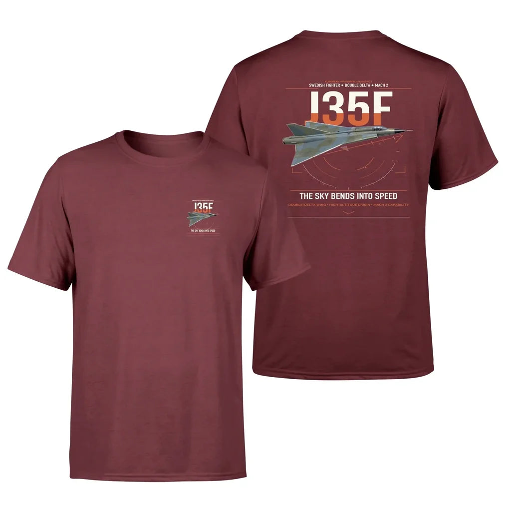 Saab J 35F Draken design on dark red t-shirt, double-side print