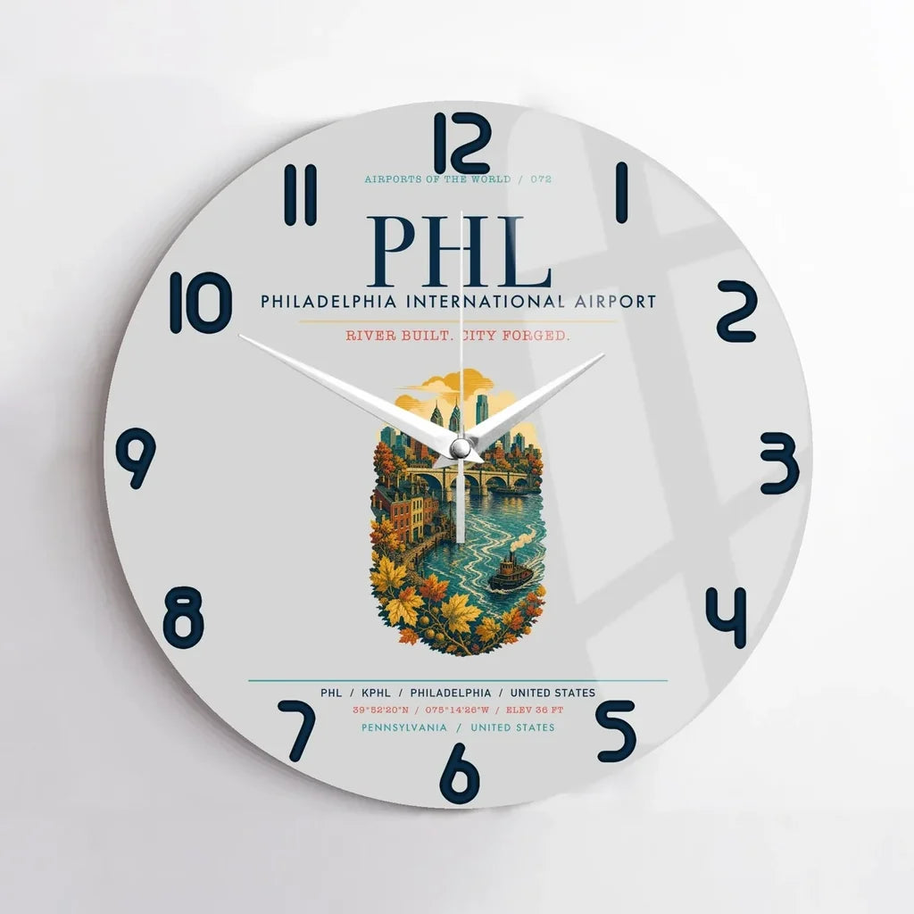 Philadelphia International Airport (PHL) design on light gray no frame wall clock