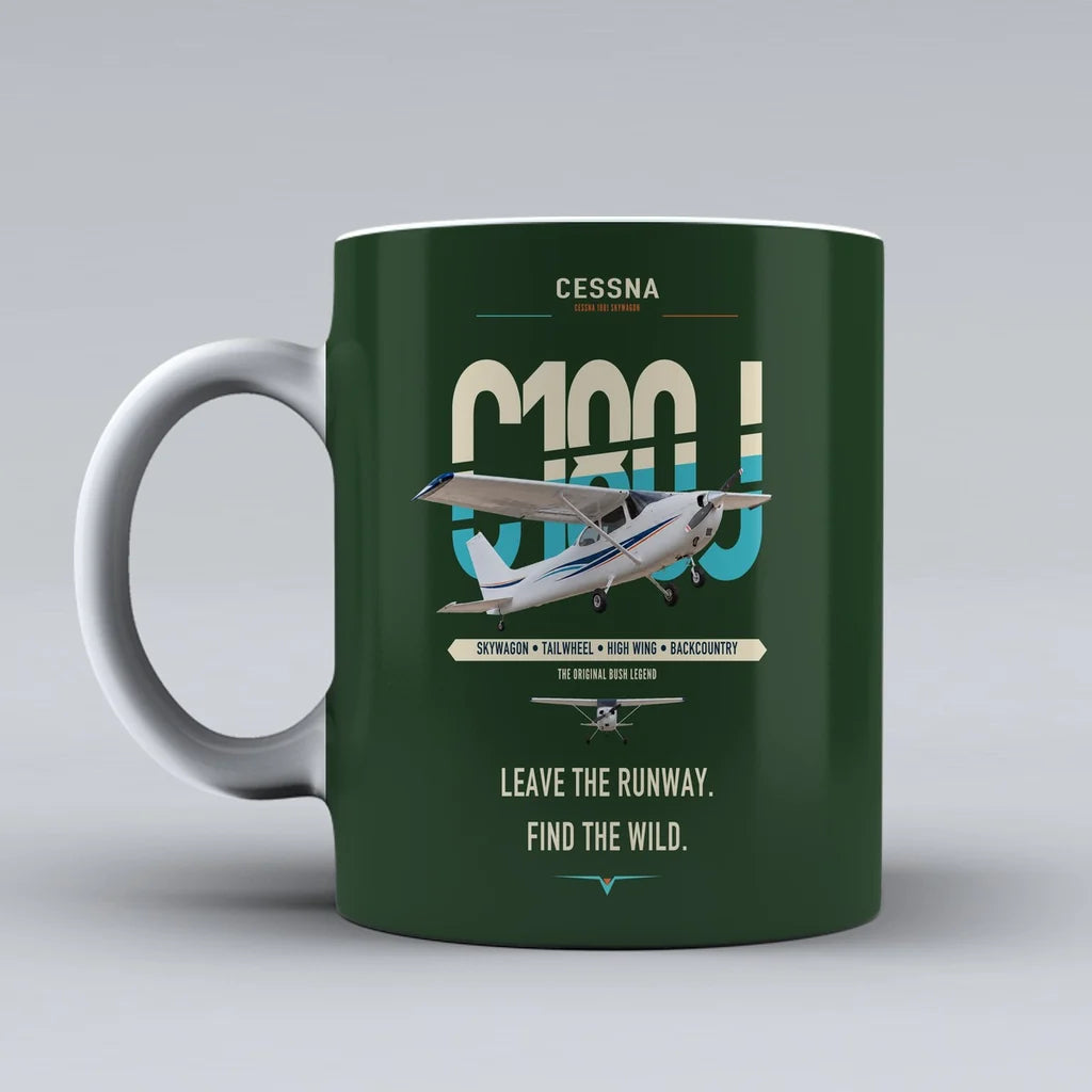 Cessna 180J Skywagon design on dark green ceramic mug, double-side print