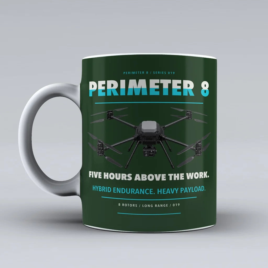 Perimeter 8 Mug design on dark green skyfront